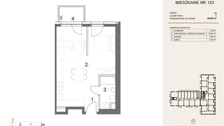 Rzut - Mieszkanie na sprzedaż 1 pokój o powierzchni 40,82 m² - numer 123 w Waterlane Vibe