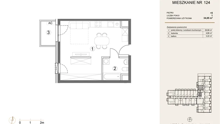 Rzut - Mieszkanie na sprzedaż 1 pokój o powierzchni 34,65 m² - numer 124 w Waterlane Vibe