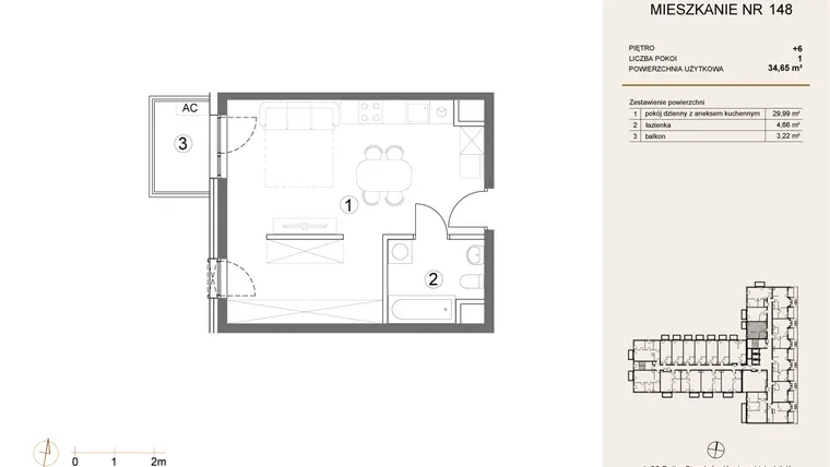 Rzut - Mieszkanie na sprzedaż 1 pokój o powierzchni 34,65 m² - numer 148 w Waterlane Vibe