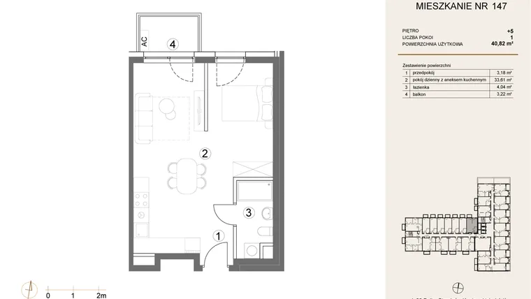 Rzut - Mieszkanie na sprzedaż 1 pokój o powierzchni 40,82 m² - numer 147 w Waterlane Vibe