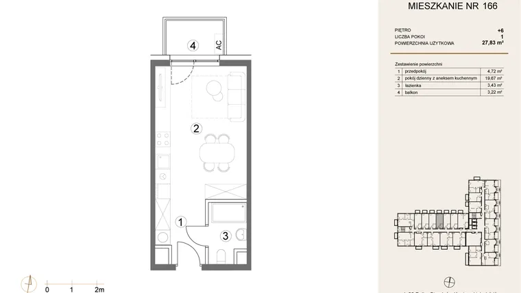 Rzut - Mieszkanie na sprzedaż 1 pokój o powierzchni 27,83 m² - numer 166 w Waterlane Vibe