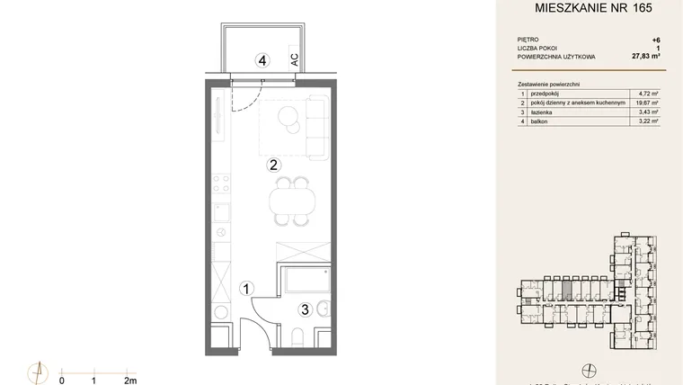Rzut - Mieszkanie na sprzedaż 1 pokój o powierzchni 27,83 m² - numer 165 w Waterlane Vibe