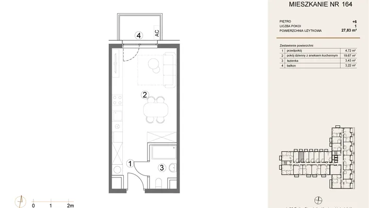 Rzut - Mieszkanie na sprzedaż 1 pokój o powierzchni 27,83 m² - numer 164 w Waterlane Vibe