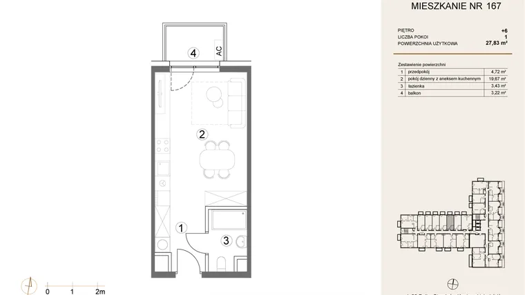 Rzut - Mieszkanie na sprzedaż 1 pokój o powierzchni 27,83 m² - numer 167 w Waterlane Vibe