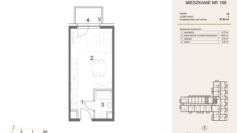 Rzut - Mieszkanie na sprzedaż 1 pokój o powierzchni 27,83 m² - numer 168 w Waterlane Vibe