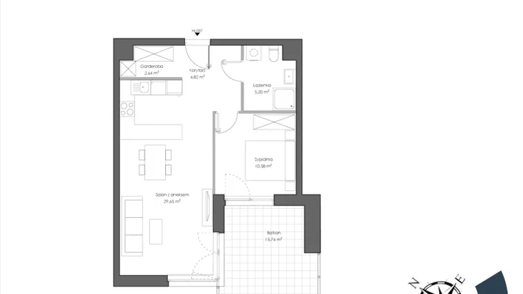 Rzut - Mieszkanie na sprzedaż 2 pokoje o powierzchni 53,82 m² - numer H.307 w Nautica Resort etap III