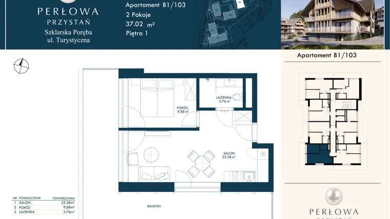 Rzut - Mieszkanie na sprzedaż 2 pokoje o powierzchni 37,02 m² - numer B1/103 w Perłowa Przystań - Szklarska Poręba