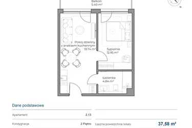 Rzut - Mieszkanie na sprzedaż 2 pokoje o powierzchni 37,58 m² - numer B.2.13 w Anchoria Holiday