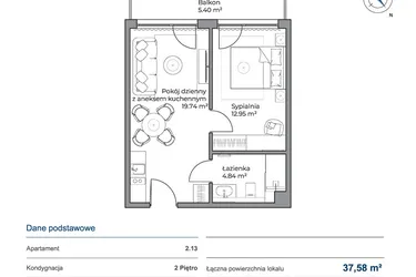 Rzut - Mieszkanie na sprzedaż 2 pokoje o powierzchni 37,58 m² - numer 2.13 w Anchoria Holiday