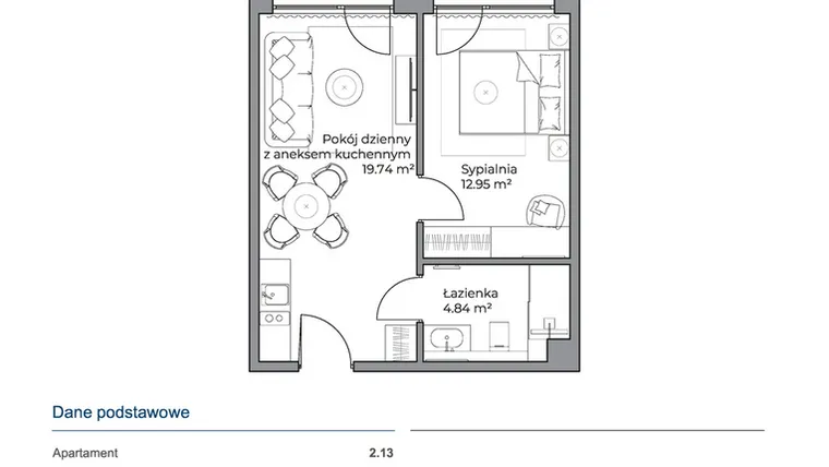 Rzut - Mieszkanie na sprzedaż 2 pokoje o powierzchni 37,58 m² - numer 2.13 w Anchoria Holiday