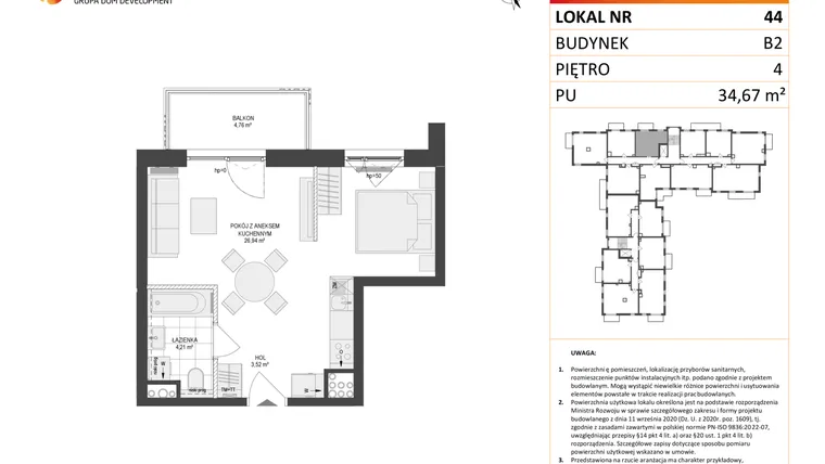 Rzut - Mieszkanie na sprzedaż 1 pokój o powierzchni 34,67 m² - numer 44 w Locus 2 bud. B2