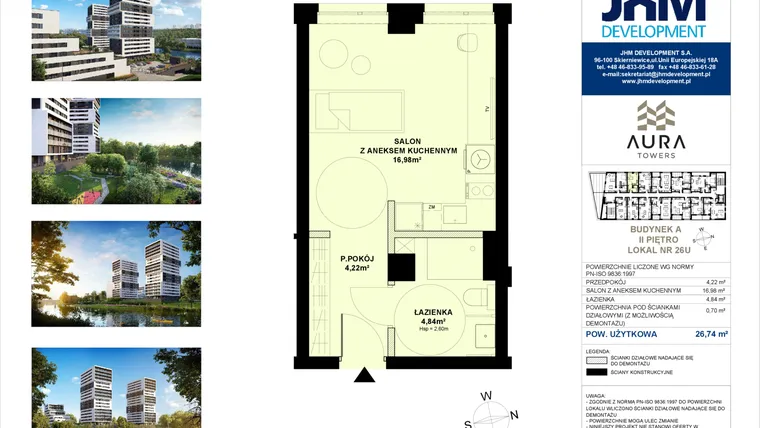 Rzut - Mieszkanie na sprzedaż 1 pokój o powierzchni 26,74 m² - numer A.2.26U w Aura Towers
