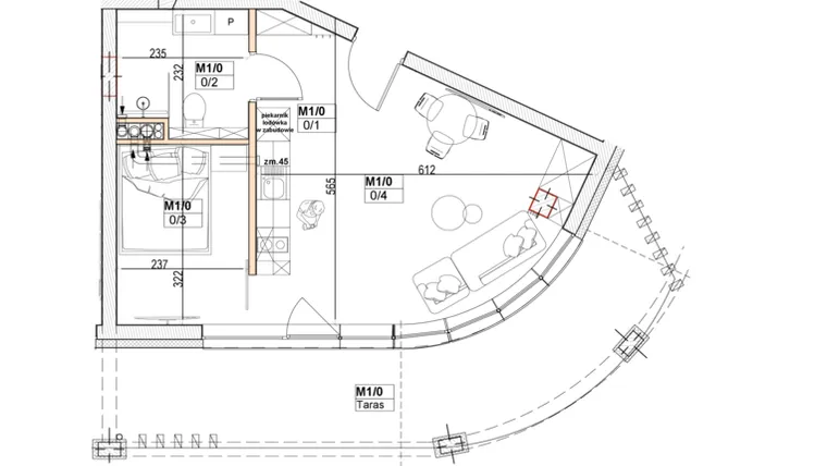 Rzut - Mieszkanie na sprzedaż 2 pokoje o powierzchni 37,01 m² - numer M1 w Przystań na Klifie