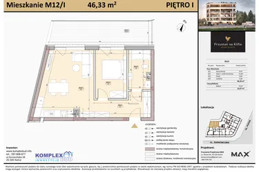 Rzut - Mieszkanie na sprzedaż 2 pokoje o powierzchni 46,33 m² - numer M12 w Przystań na Klifie
