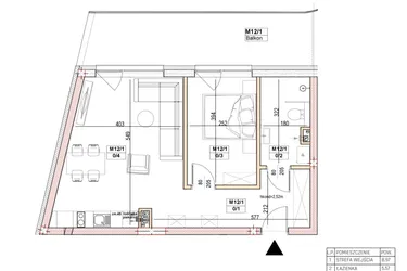 Rzut - Mieszkanie na sprzedaż 2 pokoje o powierzchni 46,32 m² - numer M12 w Przystań na Klifie