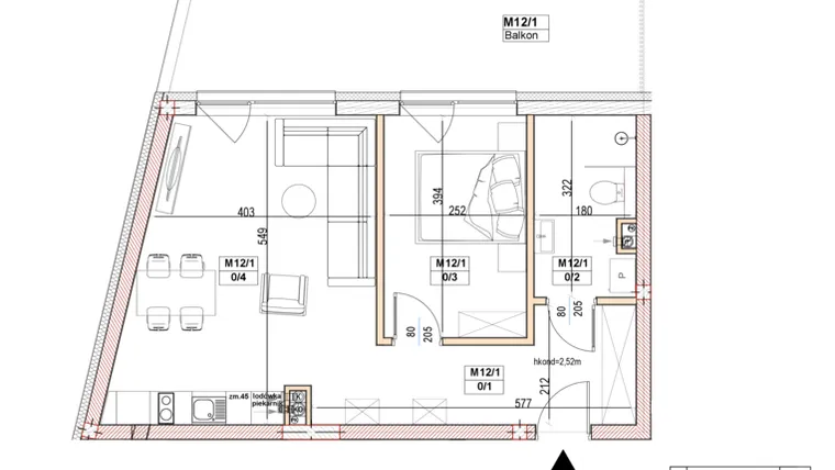 Rzut - Mieszkanie na sprzedaż 2 pokoje o powierzchni 46,32 m² - numer M12 w Przystań na Klifie