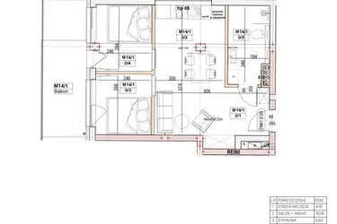 Rzut - Mieszkanie na sprzedaż 2 pokoje o powierzchni 42,52 m² - numer M14 w Przystań na Klifie