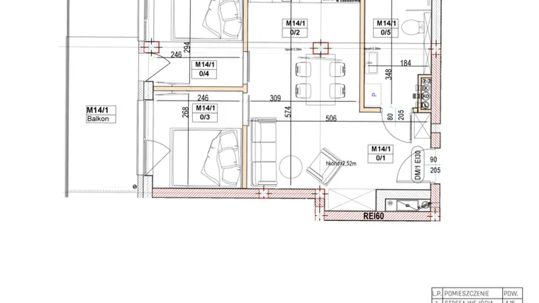 Rzut - Mieszkanie na sprzedaż 2 pokoje o powierzchni 42,52 m² - numer M14 w Przystań na Klifie
