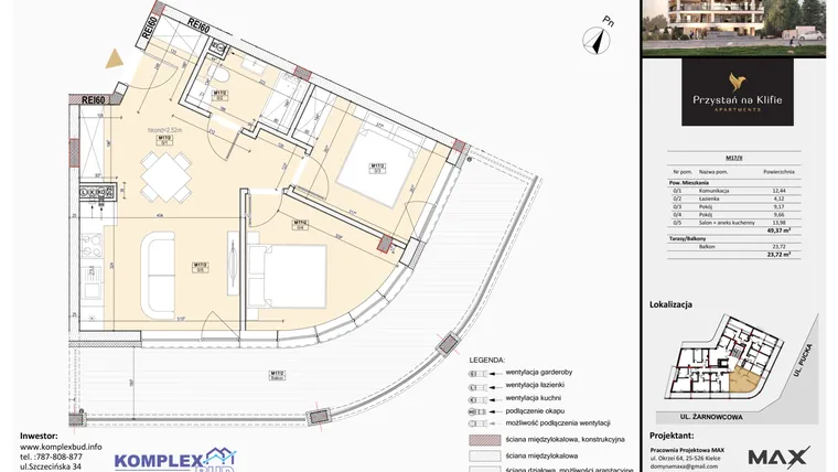 Rzut - Mieszkanie na sprzedaż 2 pokoje o powierzchni 49,88 m² - numer M17 w Przystań na Klifie