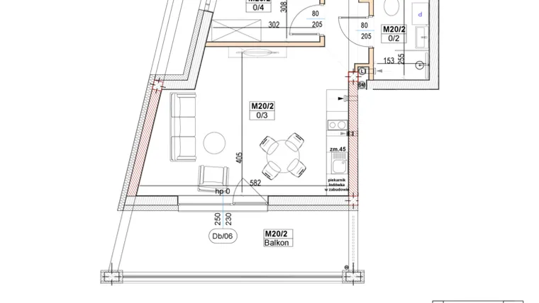 Rzut - Mieszkanie na sprzedaż 2 pokoje o powierzchni 39,56 m² - numer M20 w Przystań na Klifie