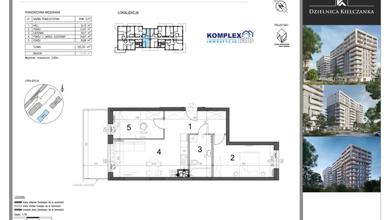 Rzut - Mieszkanie na sprzedaż 3 pokoje o powierzchni 56,3 m² - numer 30 w Dzielnica Kielczanka etap II