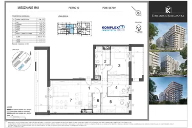 Rzut - Mieszkanie na sprzedaż 4 pokoje o powierzchni 94,33 m² - numer 48 w Dzielnica Kielczanka etap II