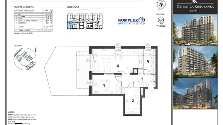 Rzut - Mieszkanie na sprzedaż 2 pokoje o powierzchni 57,84 m² - numer M2 w Dzielnica Kielczanka etap III