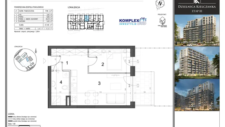 Rzut - Mieszkanie na sprzedaż 2 pokoje o powierzchni 37,48 m² - numer ZP6 w Dzielnica Kielczanka etap III