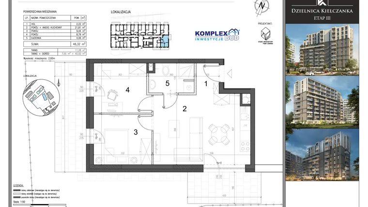 Rzut - Mieszkanie na sprzedaż 1 pokój o powierzchni 46,32 m² - numer M10 w Dzielnica Kielczanka etap III