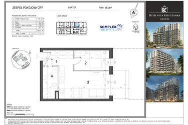 Rzut - Mieszkanie na sprzedaż 2 pokoje o powierzchni 38,53 m² - numer ZP7 w Dzielnica Kielczanka etap III