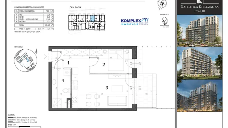 Rzut - Mieszkanie na sprzedaż 2 pokoje o powierzchni 38,53 m² - numer ZP7 w Dzielnica Kielczanka etap III
