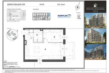 Rzut - Mieszkanie na sprzedaż 2 pokoje o powierzchni 40,94 m² - numer ZP9 w Dzielnica Kielczanka etap III