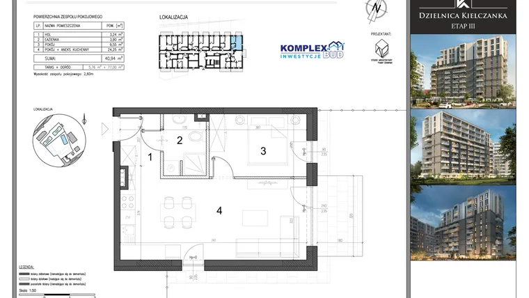 Rzut - Mieszkanie na sprzedaż 2 pokoje o powierzchni 40,94 m² - numer ZP9 w Dzielnica Kielczanka etap III