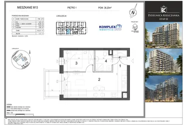 Rzut - Mieszkanie na sprzedaż 1 pokój o powierzchni 36,2 m² - numer M13 w Dzielnica Kielczanka etap III