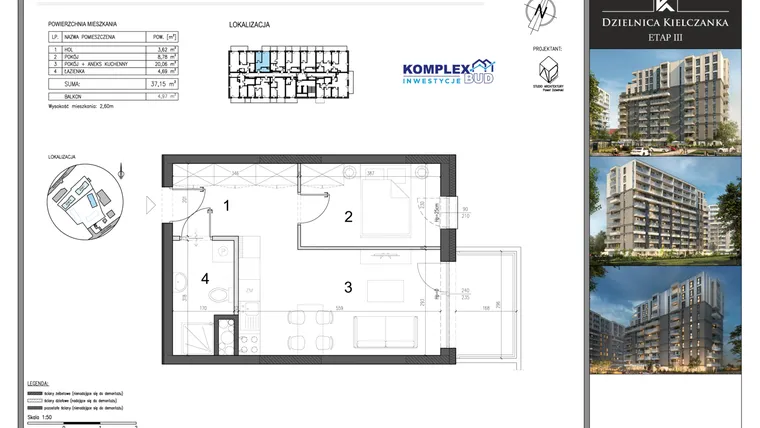 Rzut - Mieszkanie na sprzedaż 2 pokoje o powierzchni 37,15 m² - numer M17 w Dzielnica Kielczanka etap III