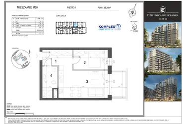 Rzut - Mieszkanie na sprzedaż 2 pokoje o powierzchni 38,2 m² - numer M20 w Dzielnica Kielczanka etap III
