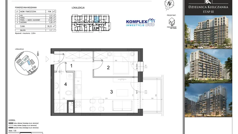 Rzut - Mieszkanie na sprzedaż 2 pokoje o powierzchni 38,2 m² - numer M20 w Dzielnica Kielczanka etap III