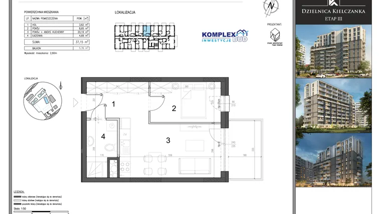 Rzut - Mieszkanie na sprzedaż 2 pokoje o powierzchni 37,15 m² - numer M30 w Dzielnica Kielczanka etap III