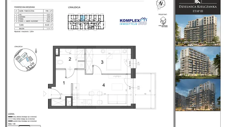 Rzut - Mieszkanie na sprzedaż 1 pokój o powierzchni 35,8 m² - numer M29 w Dzielnica Kielczanka etap III