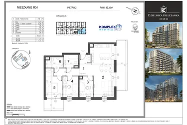Rzut - Mieszkanie na sprzedaż 1 pokój o powierzchni 82,35 m² - numer M34 w Dzielnica Kielczanka etap III