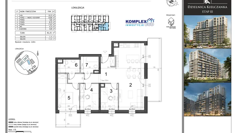 Rzut - Mieszkanie na sprzedaż 1 pokój o powierzchni 82,35 m² - numer M34 w Dzielnica Kielczanka etap III
