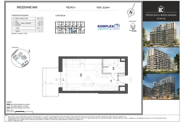 Rzut - Mieszkanie na sprzedaż 1 pokój o powierzchni 25,04 m² - numer M48 w Dzielnica Kielczanka etap III