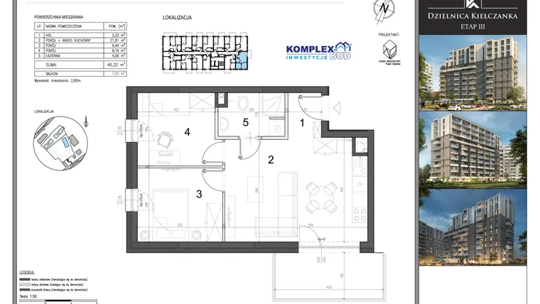 Rzut - Mieszkanie na sprzedaż 1 pokój o powierzchni 46,32 m² - numer M72 w Dzielnica Kielczanka etap III