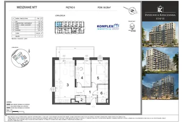 Rzut - Mieszkanie na sprzedaż 1 pokój o powierzchni 64,06 m² - numer M77 w Dzielnica Kielczanka etap III