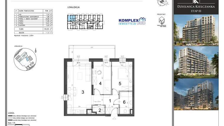 Rzut - Mieszkanie na sprzedaż 3 pokoje o powierzchni 64,06 m² - numer M77 w Dzielnica Kielczanka etap III