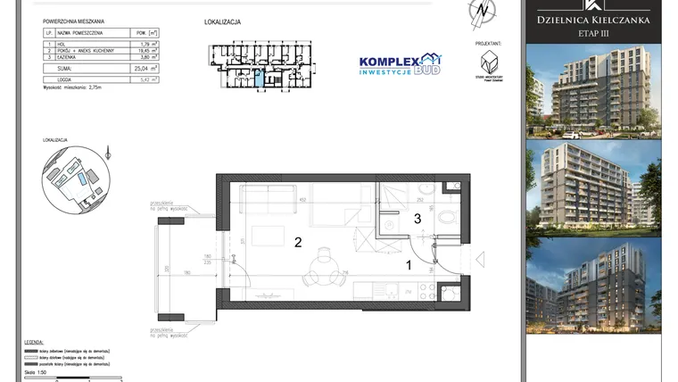 Rzut - Mieszkanie na sprzedaż 1 pokój o powierzchni 25,04 m² - numer M119 w Dzielnica Kielczanka etap III