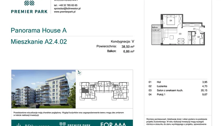 Rzut - Mieszkanie na sprzedaż 2 pokoje o powierzchni 38,5 m² - numer A2.4.02 w Premier Park II