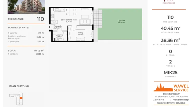 Rzut - Mieszkanie na sprzedaż 2 pokoje o powierzchni 40,45 m² - numer 110 w Mikusińskiego 25