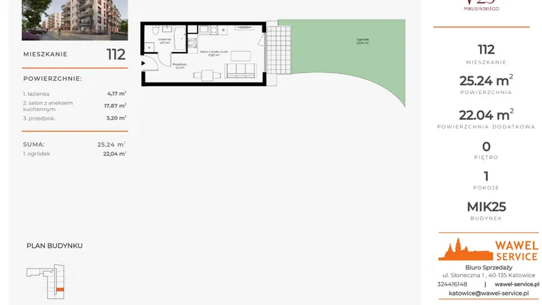 Rzut - Mieszkanie na sprzedaż 1 pokój o powierzchni 25,24 m² - numer 112 w Mikusińskiego 25