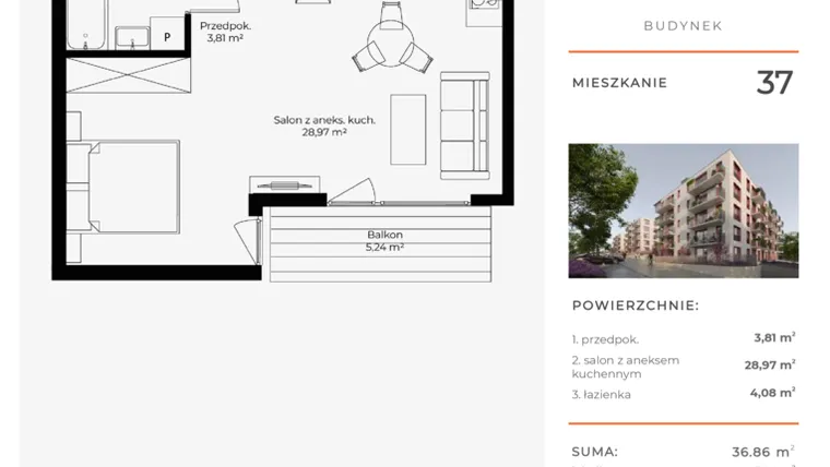 Rzut - Mieszkanie na sprzedaż 1 pokój o powierzchni 36,86 m² - numer 37 w Mikusińskiego 25